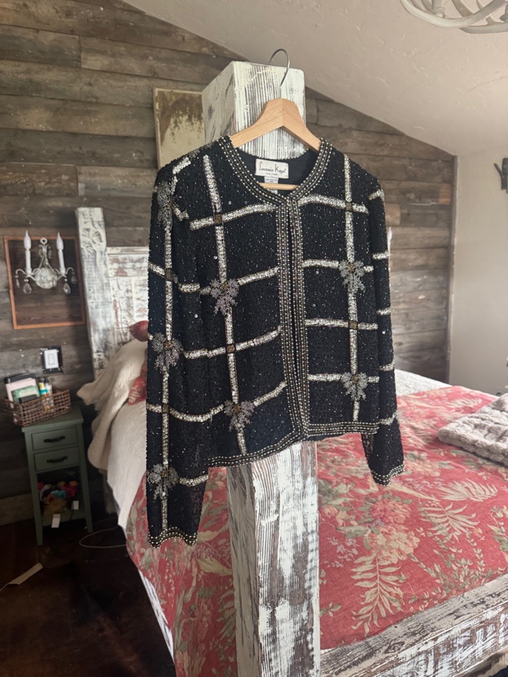 Laurence Kazar Black Beaded Grid-Pattern Jacket